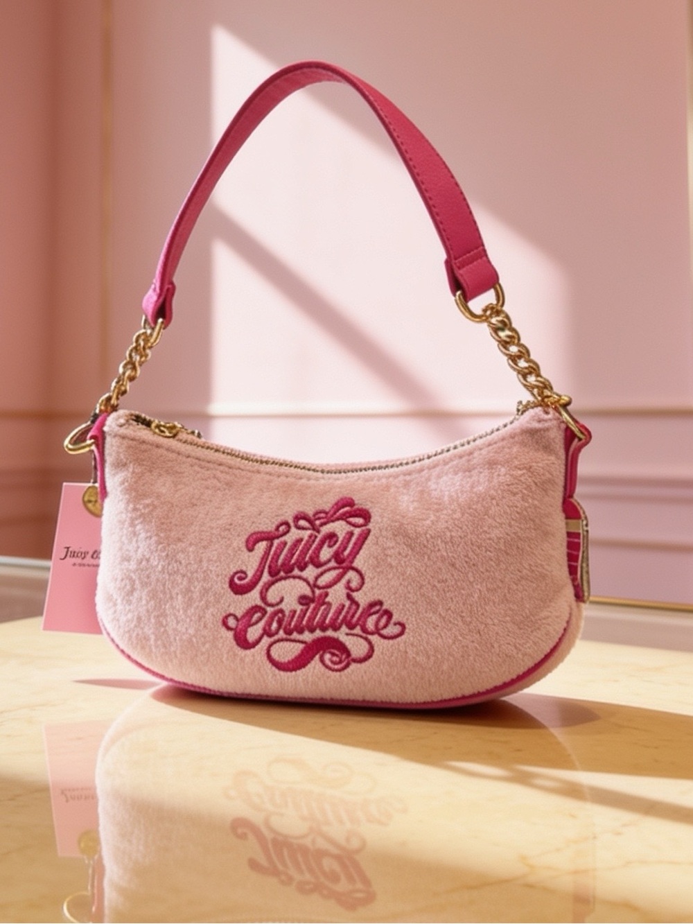 Juicy Couture Pink Plush Logo Shoulder Bag with Gold Chain